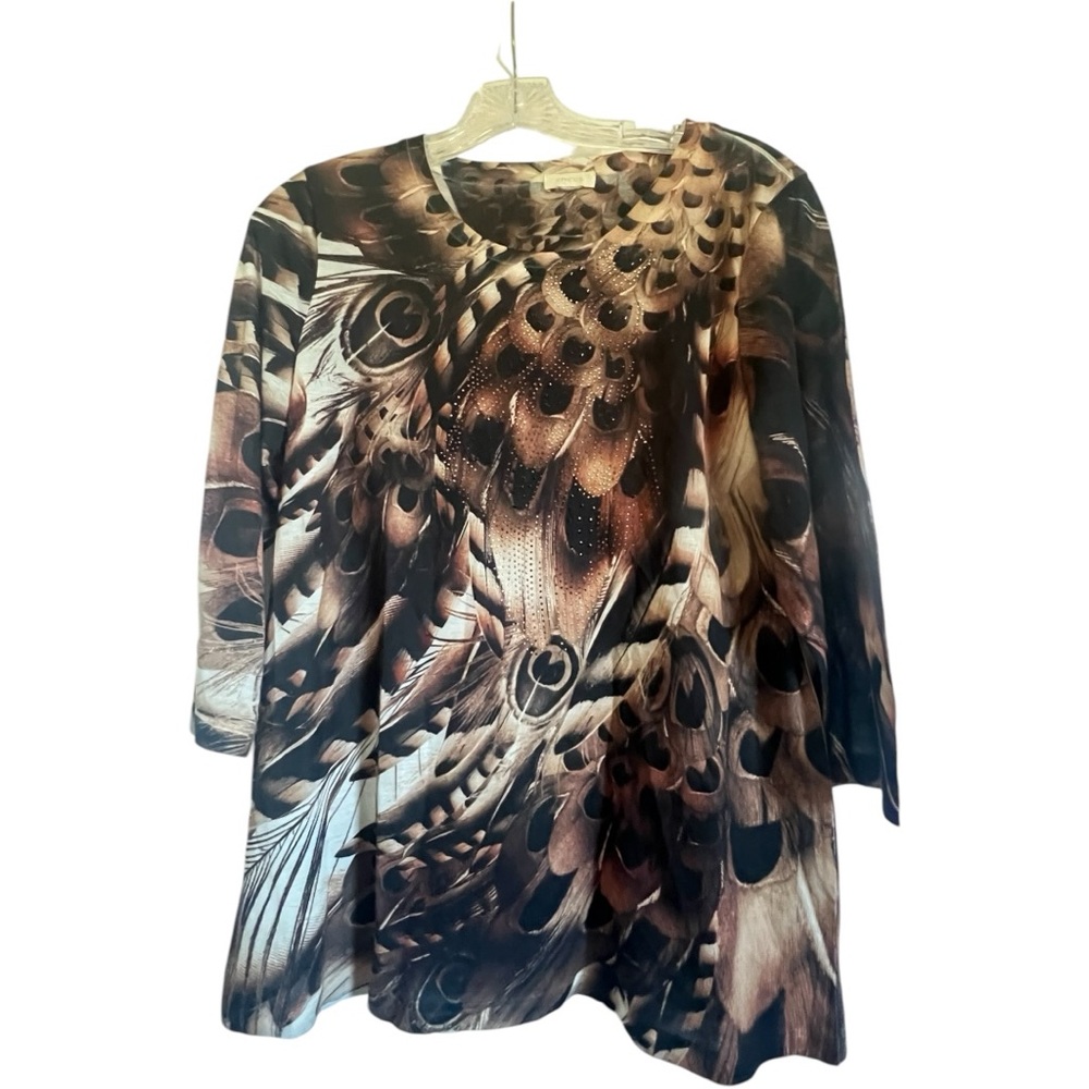 Chico’s Peacock feathers top T shirt rhinestones Size 2 equal to L/12 brown